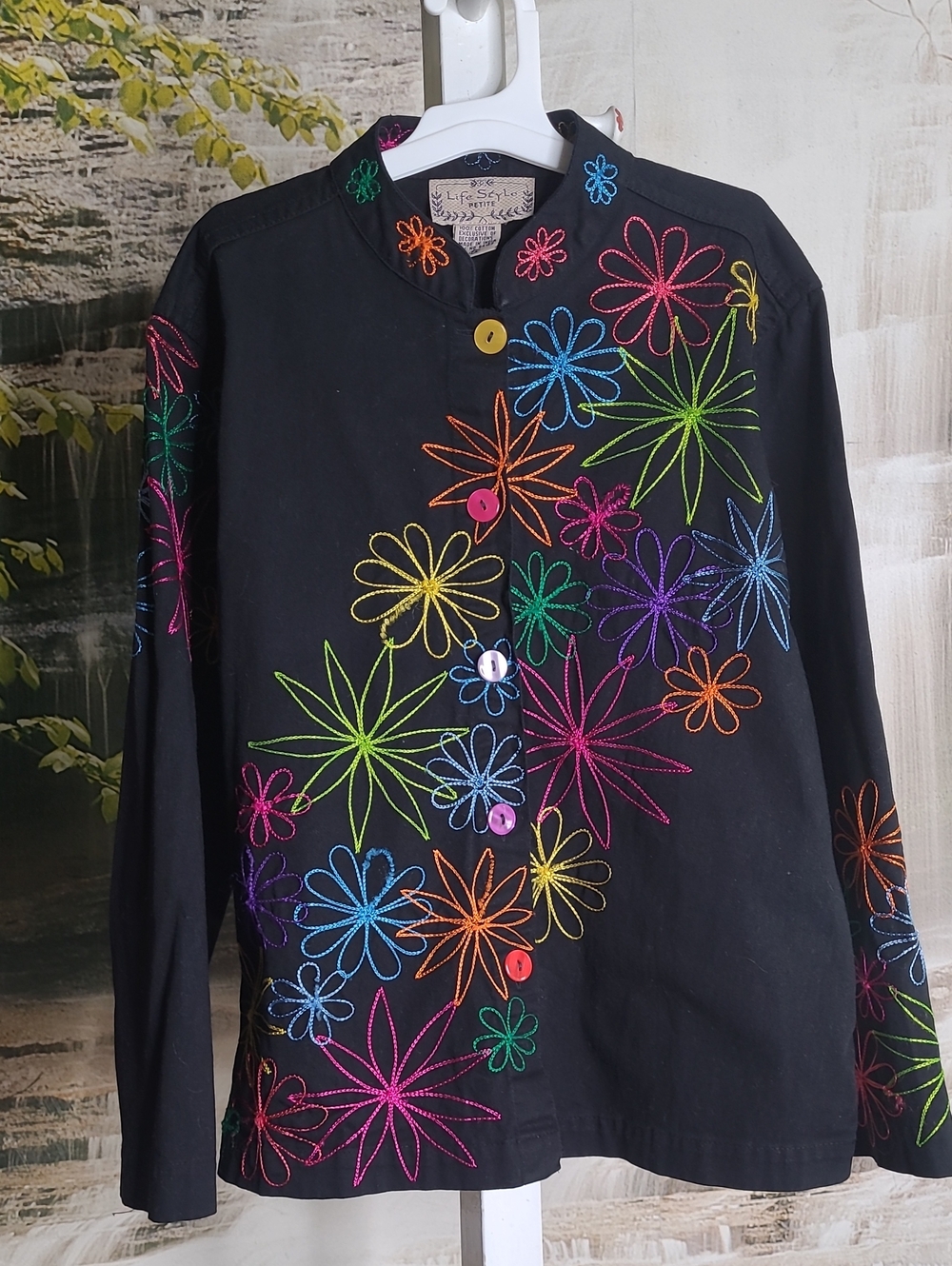 Womens Small Black Vibrant Neon Retro Boho Y2K Floral Embroidered Blazer Jacket